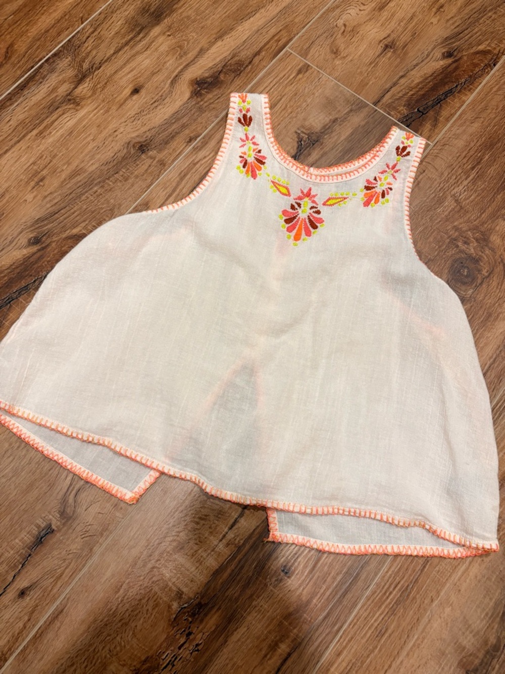 aerie White Sleeveless Embroidered Crop Top with Pink and Yellow Accents